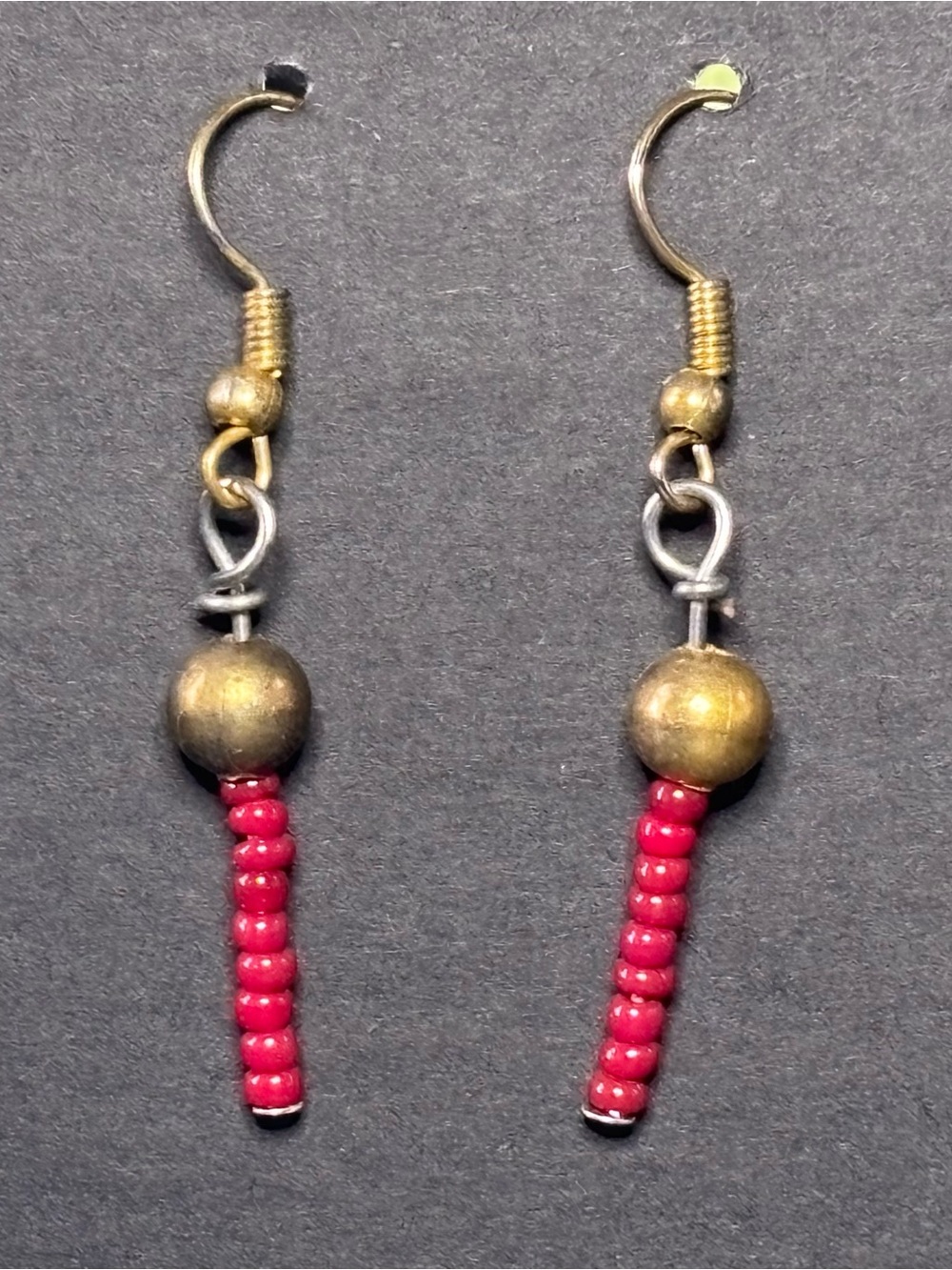 Handmade Red Beaded Drop Earrings - Gold Accent